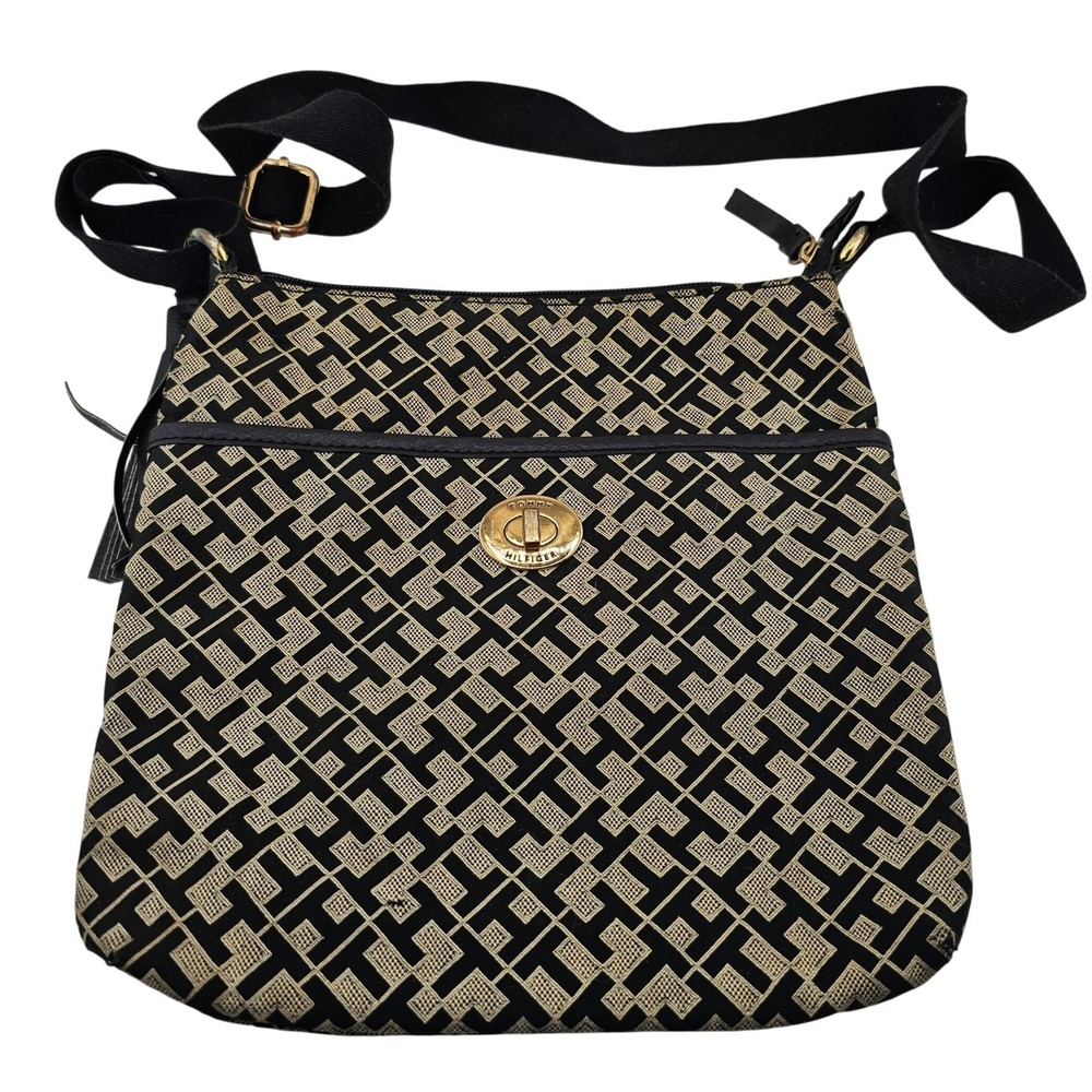 Tommy Hilfiger Monogram Crossbody Bag Purse Beige Black‎ Adjustable Strap EUC